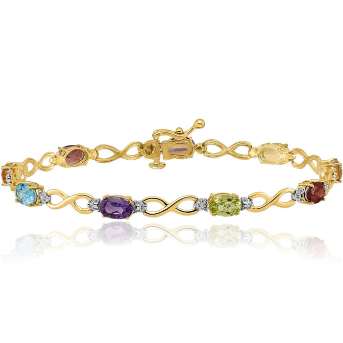 14K Solid Yellow Gold Rainbow Multi-color Gemstone Diamond Infinity Twisted Love Knot Symbol Chain Charm Bracelet