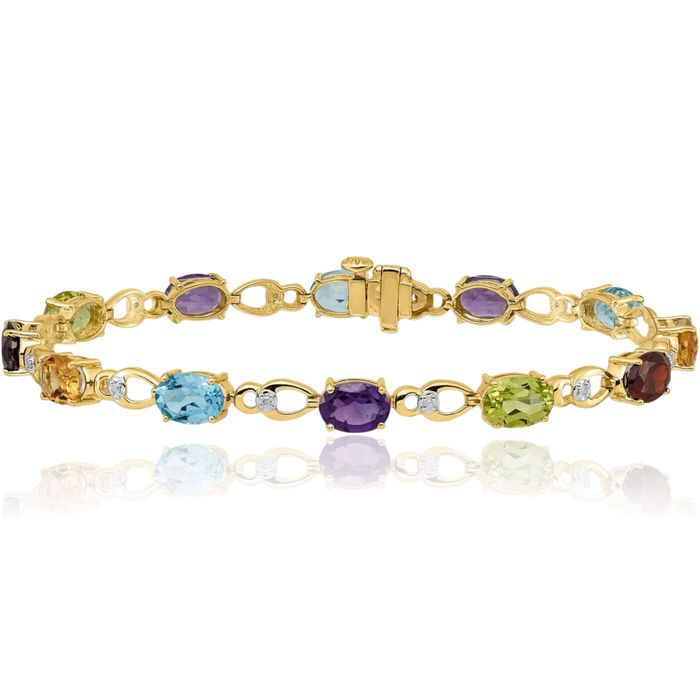 14K Solid Yellow Gold Rainbow Multi-color Gemstone Diamond Tennis Bracelet