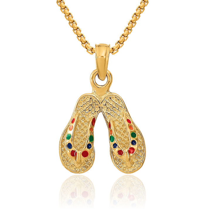 14K Solid Yellow Gold Multi-color Double Hawaiian Flip Flop Necklace Beach Sandals Pendant Ocean Vacation Charm