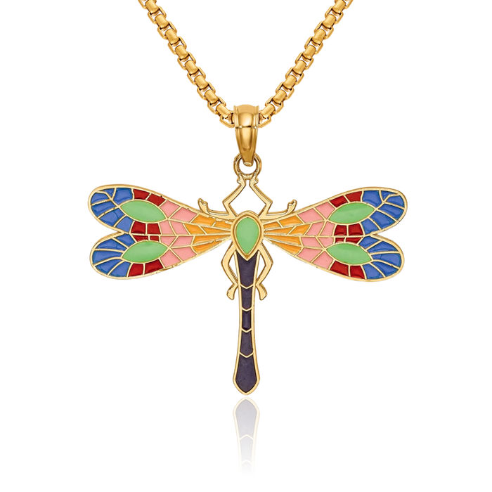 14K Solid Yellow Gold Multi-color Dragonfly Necklace Chain Pendant Charm