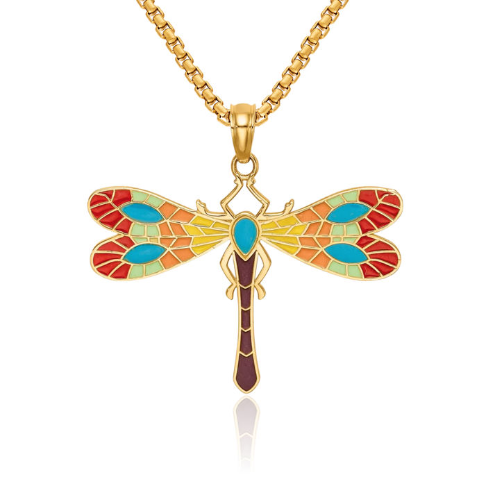 14K Solid Yellow Gold Multi-color Dragonfly Necklace Chain Pendant Charm