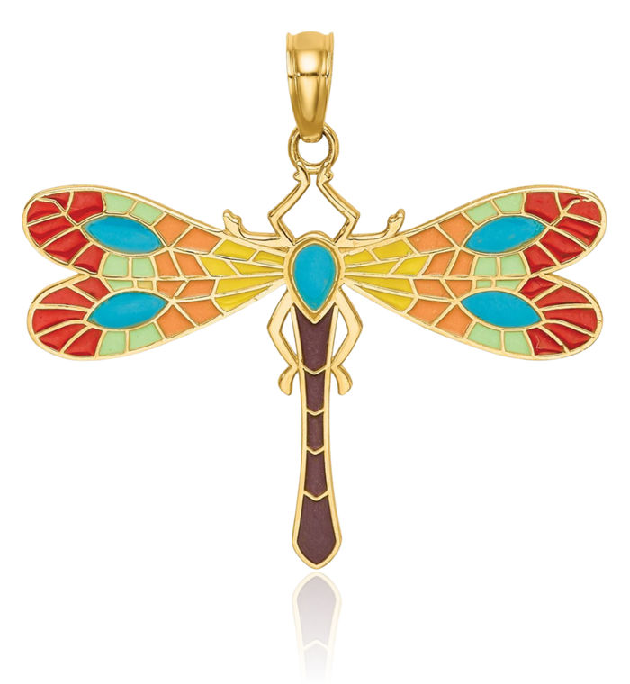 14K Solid Yellow Gold Multi-color Dragonfly Necklace Chain Pendant Charm