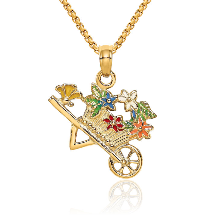 14K Solid Yellow Gold Multi-color Flower Cart Necklace Chain Pendant Charm