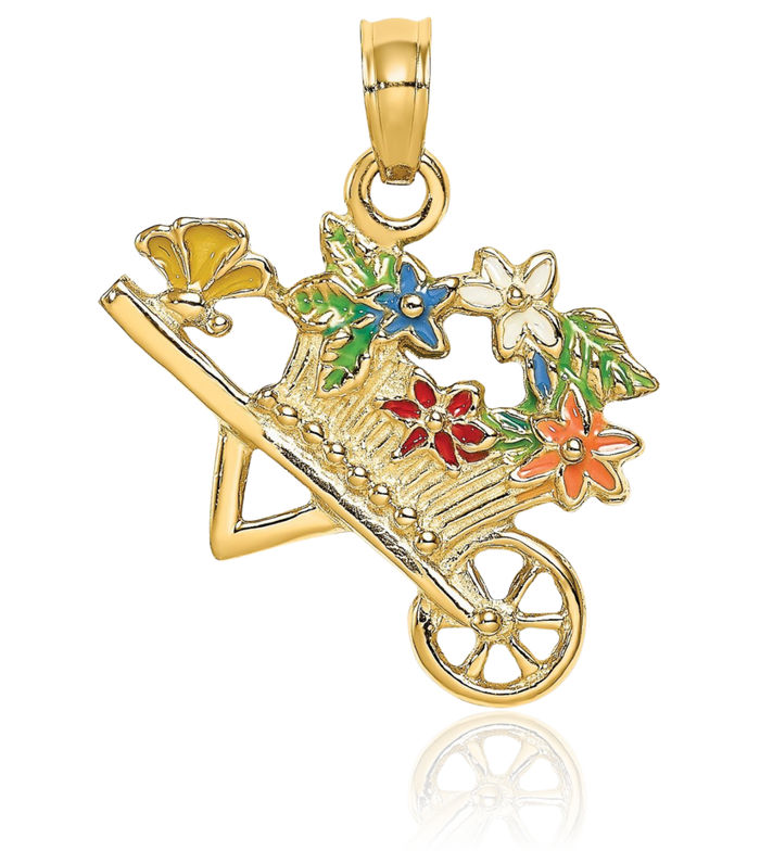 14K Solid Yellow Gold Multi-color Flower Cart Necklace Chain Pendant Charm