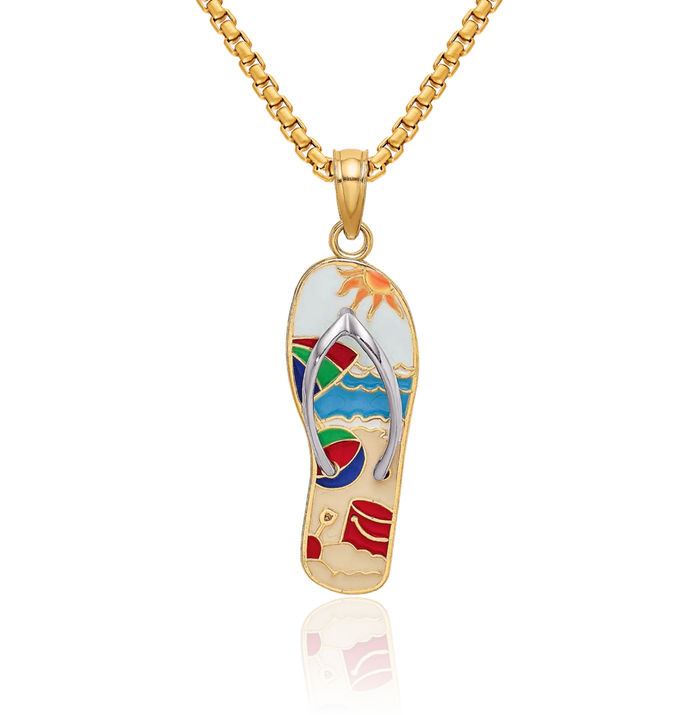 14K Solid Yellow Gold Multi-color Hawaiian Flip Flop Necklace Beach Sandals Pendant Ocean Vacation Charm
