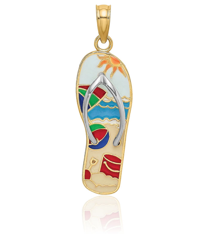 14K Solid Yellow Gold Multi-color Hawaiian Flip Flop Necklace Beach Sandals Pendant Ocean Vacation Charm