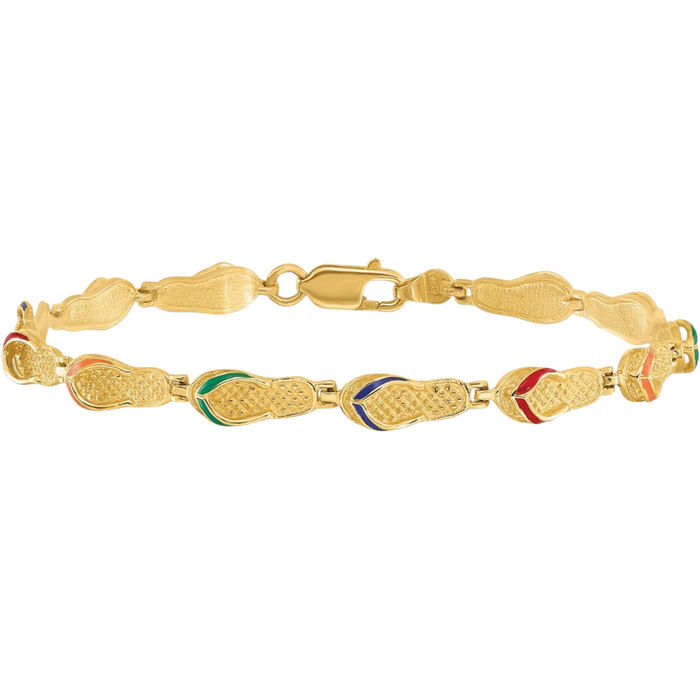 14K Solid Yellow Gold Multi-color Hawaiian Flip Flop Sandals Chain Charm Bracelet