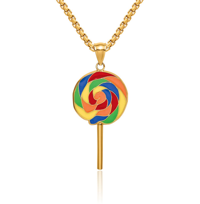 14K Solid Yellow Gold Multi-color Lollipop Necklace Chain Pendant Charm