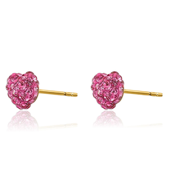 14K Solid Yellow Gold Post Multi-color Pink Rhinestone Crystals Heart Stud Earrings