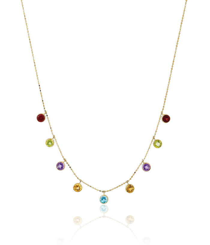 14K Solid Yellow Gold Multi-color Rainbow Gemstone Chain Necklace 16