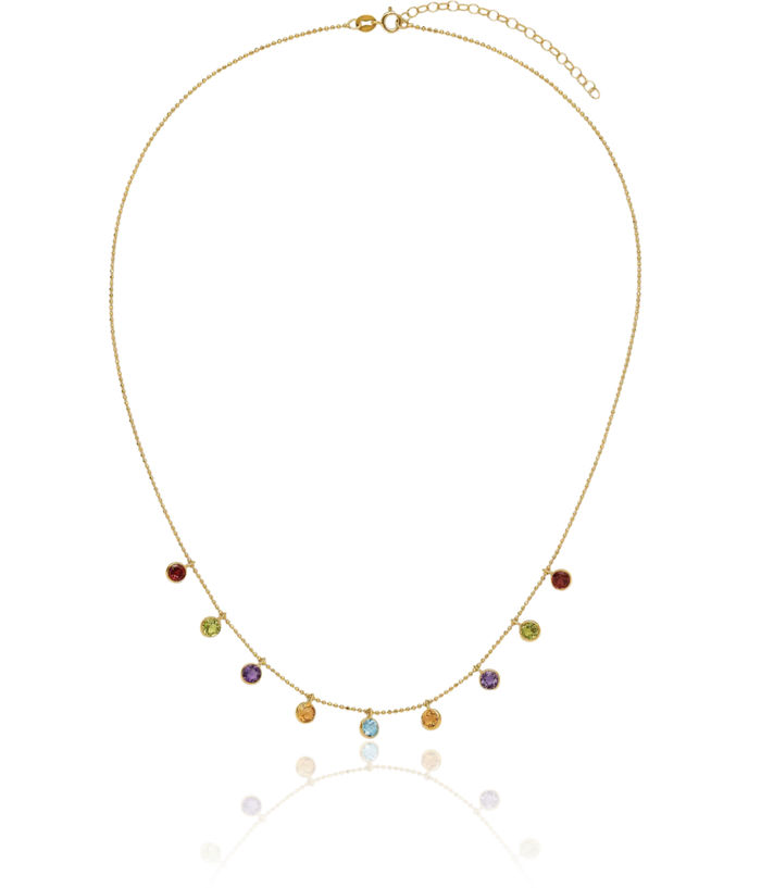 14K Solid Yellow Gold Multi-color Rainbow Gemstone Chain Necklace 16