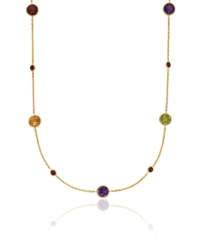 14K Solid Yellow Gold Multi-color Rainbow Gemstone Necklace Chain