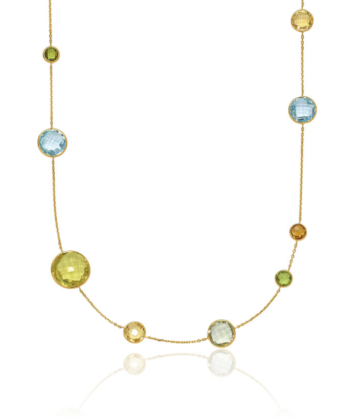 14K Solid Yellow Gold Multi-color Rainbow Gemstone Necklace Chain