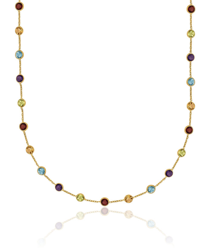 14K Solid Yellow Gold Multi-color Rainbow Gemstone Necklace Chain