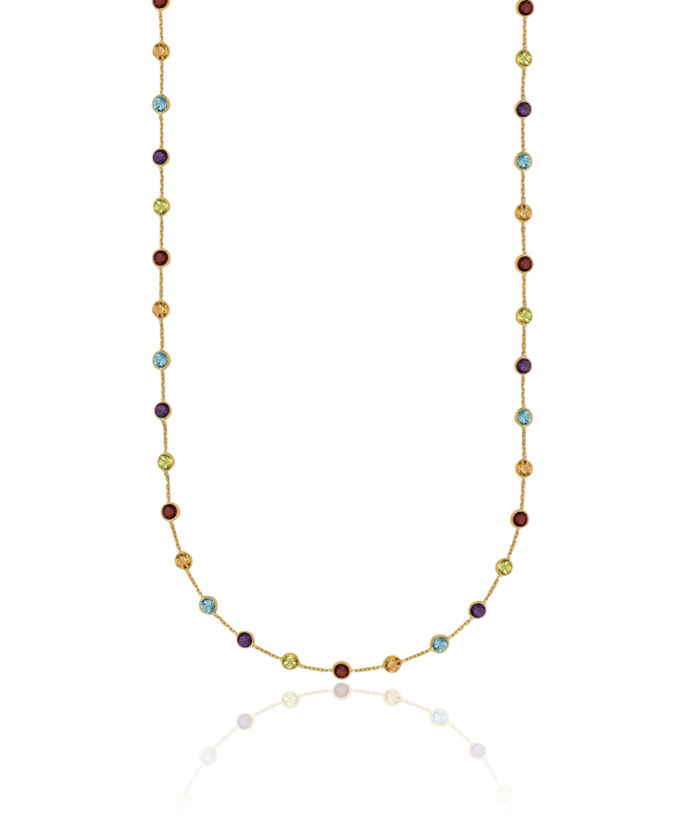 14K Solid Yellow Gold Multi-color Rainbow Gemstone Necklace Chain