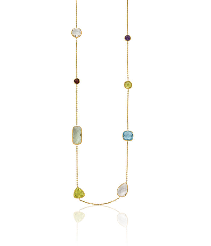 14K Solid Yellow Gold Multi-color Rainbow Gemstone Necklace Chain