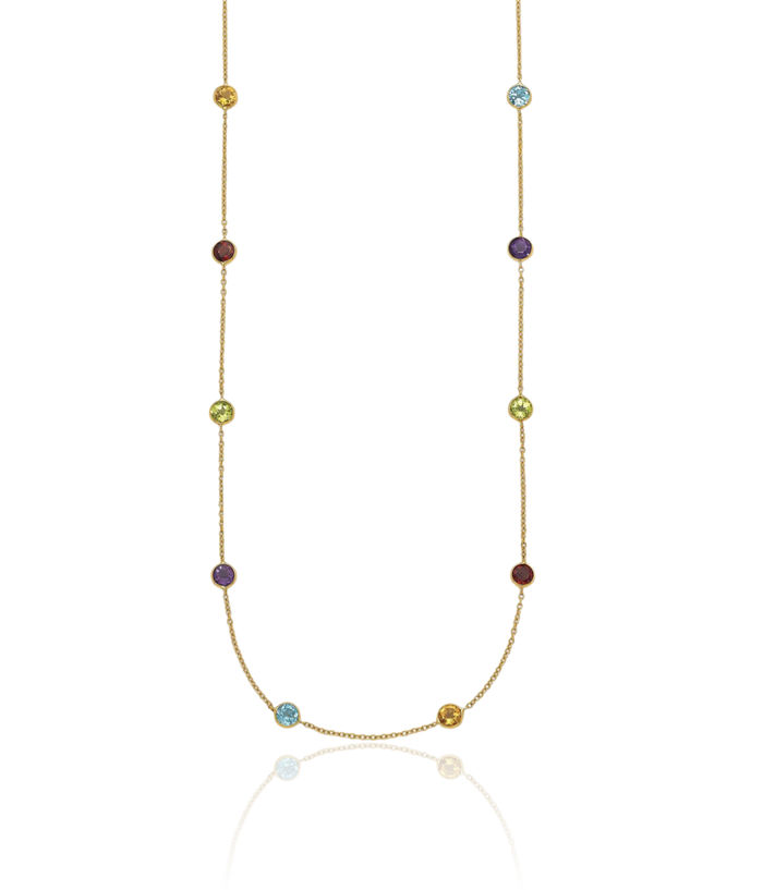 14K Solid Yellow Gold Multi-color Rainbow Gemstone Necklace Chain