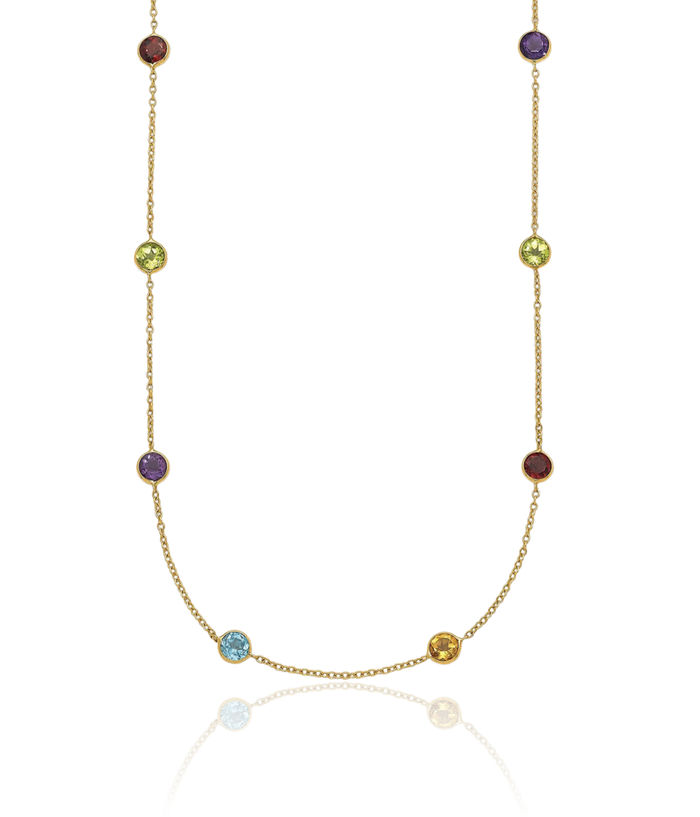 14K Solid Yellow Gold Multi-color Rainbow Gemstone Necklace Chain