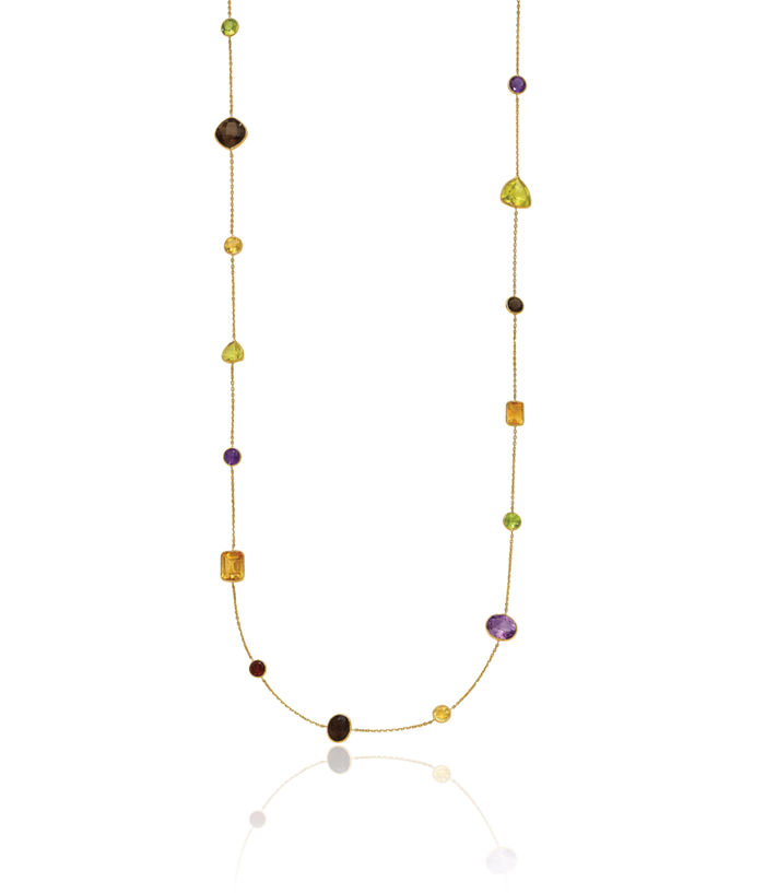 14K Solid Yellow Gold Multi-color Rainbow Gemstone Necklace Chain