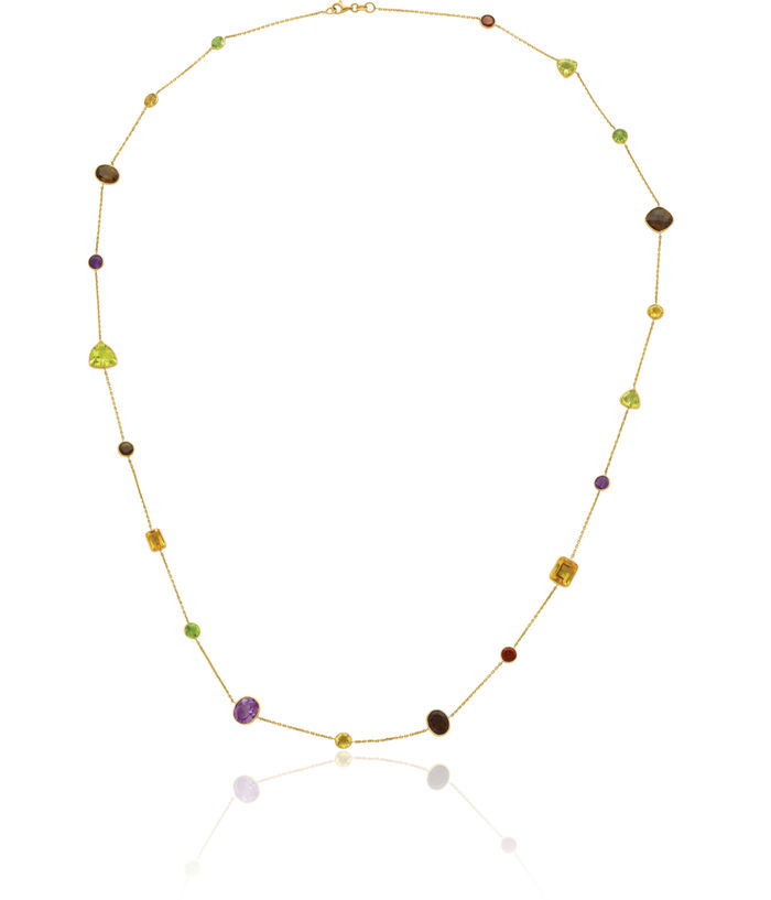 14K Solid Yellow Gold Multi-color Rainbow Gemstone Necklace Chain