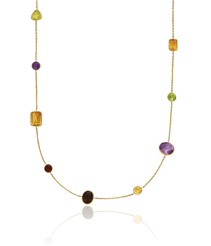 14K Solid Yellow Gold Multi-color Rainbow Gemstone Necklace Chain