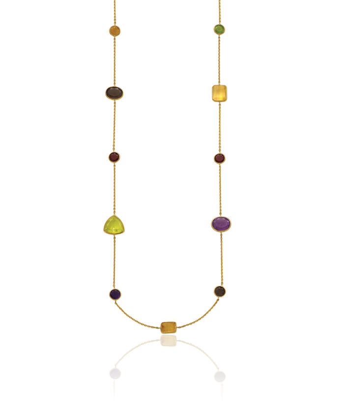 14K Solid Yellow Gold Multi-color Rainbow Gemstone Necklace Chain