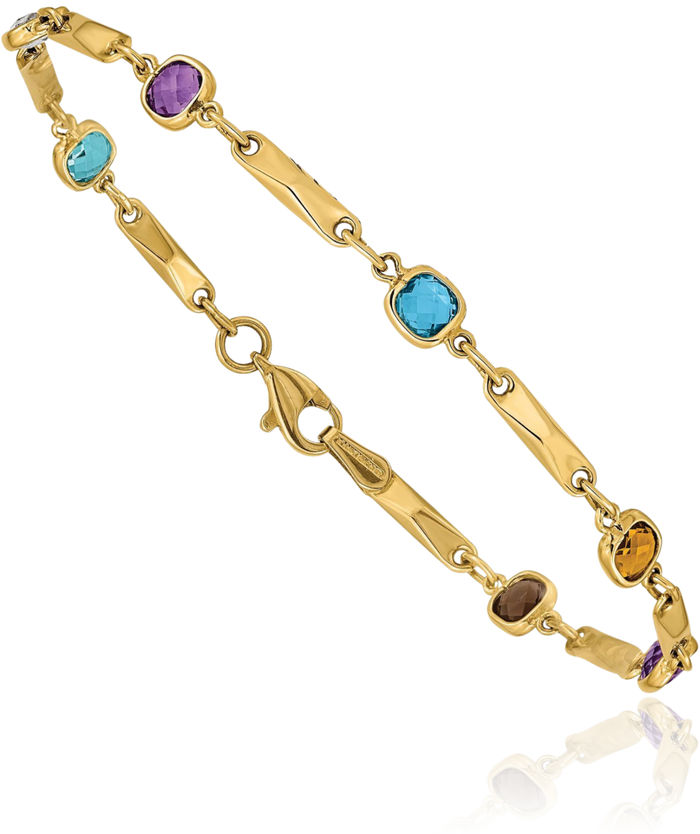 14K Solid Yellow Gold Multi-color Rainbow Gemstone Link Chain Bracelet