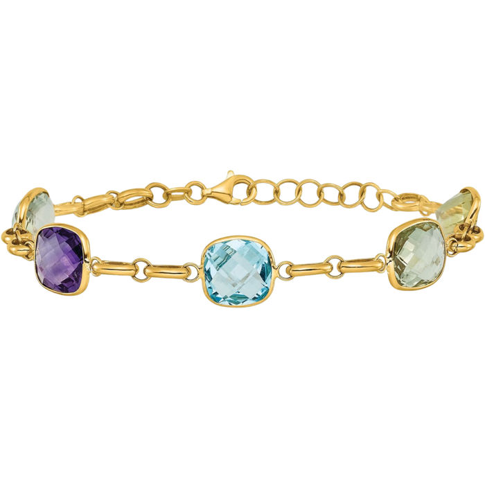 14K Solid Yellow Gold Multi-color Rainbow Gemstone Tennis Bracelet