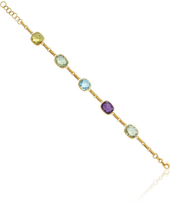 14K Solid Yellow Gold Multi-color Rainbow Gemstone Tennis Bracelet