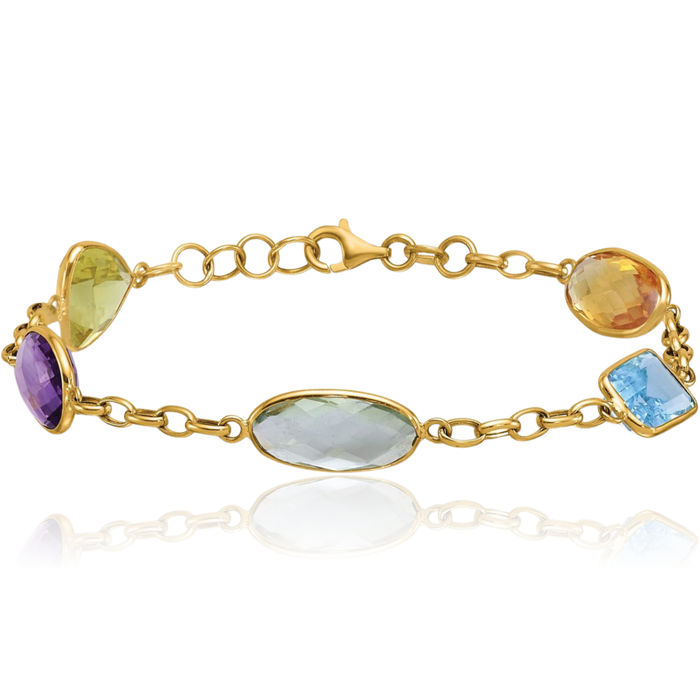 14K Solid Yellow Gold Multi-color Rainbow Gemstone Tennis Bracelet