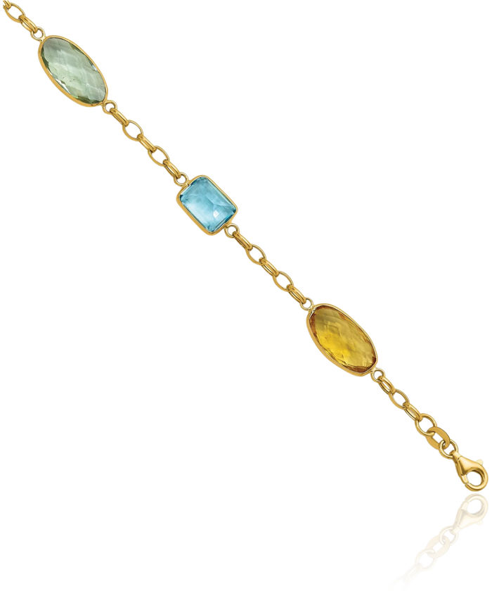 14K Solid Yellow Gold Multi-color Rainbow Gemstone Tennis Bracelet