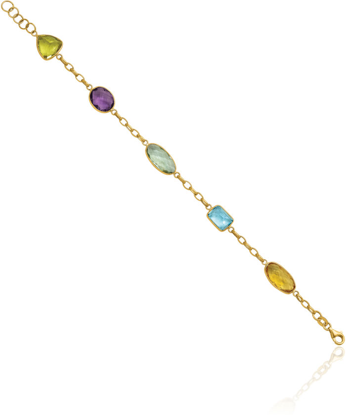 14K Solid Yellow Gold Multi-color Rainbow Gemstone Tennis Bracelet