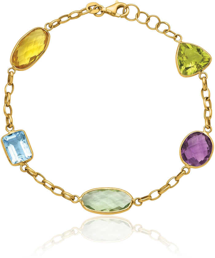 14K Solid Yellow Gold Multi-color Rainbow Gemstone Tennis Bracelet