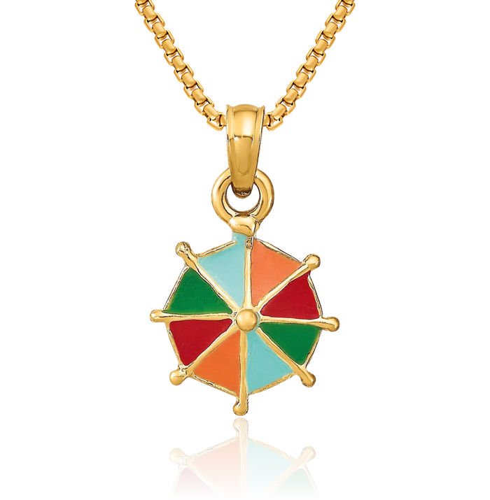 14K Solid Yellow Gold Multi-color Umbrella Necklace Chain Pendant Charm