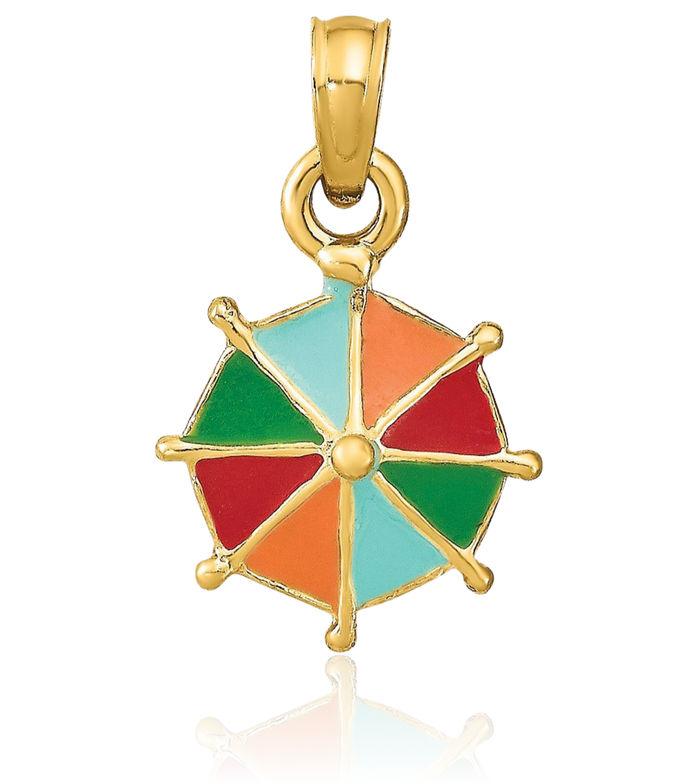 14K Solid Yellow Gold Multi-color Umbrella Necklace Chain Pendant Charm