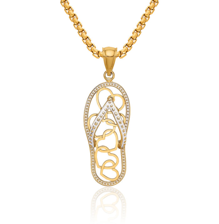 14K Solid Yellow Gold Multi Heart Hawaiian Flip Flop Sandals White Necklace Chain Pendant Charm
