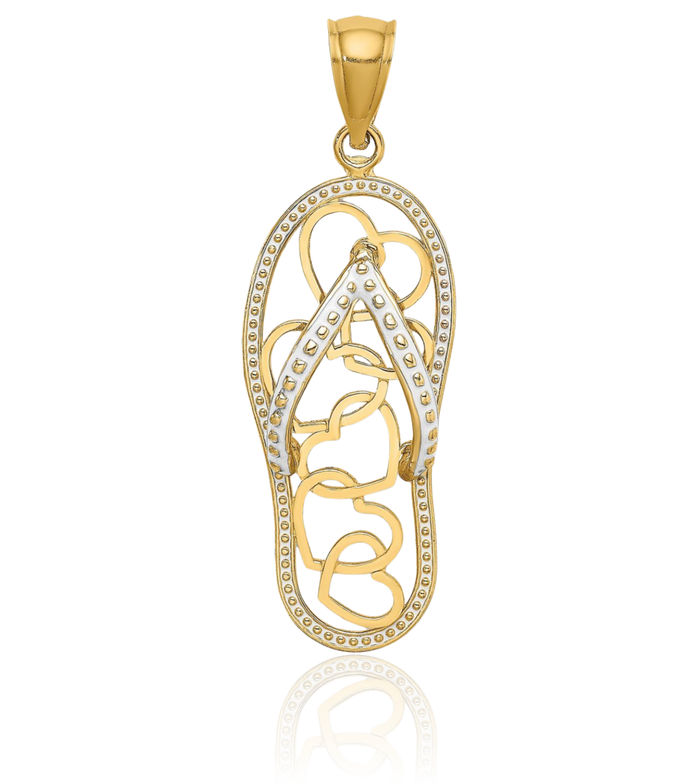 14K Solid Yellow Gold Multi Heart Hawaiian Flip Flop Sandals White Necklace Chain Pendant Charm
