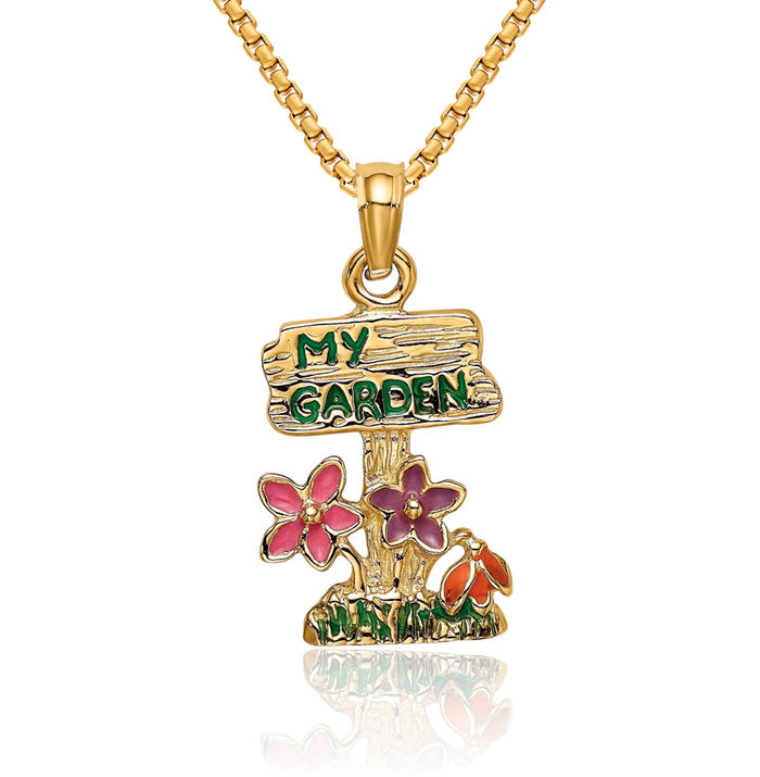 14K Solid Yellow Gold Multi My Garden Post Flower Necklace Chain Pendant Charm