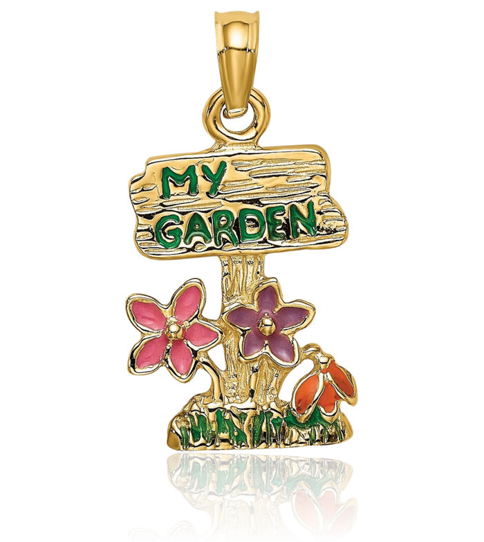 14K Solid Yellow Gold Multi My Garden Post Flower Necklace Chain Pendant Charm