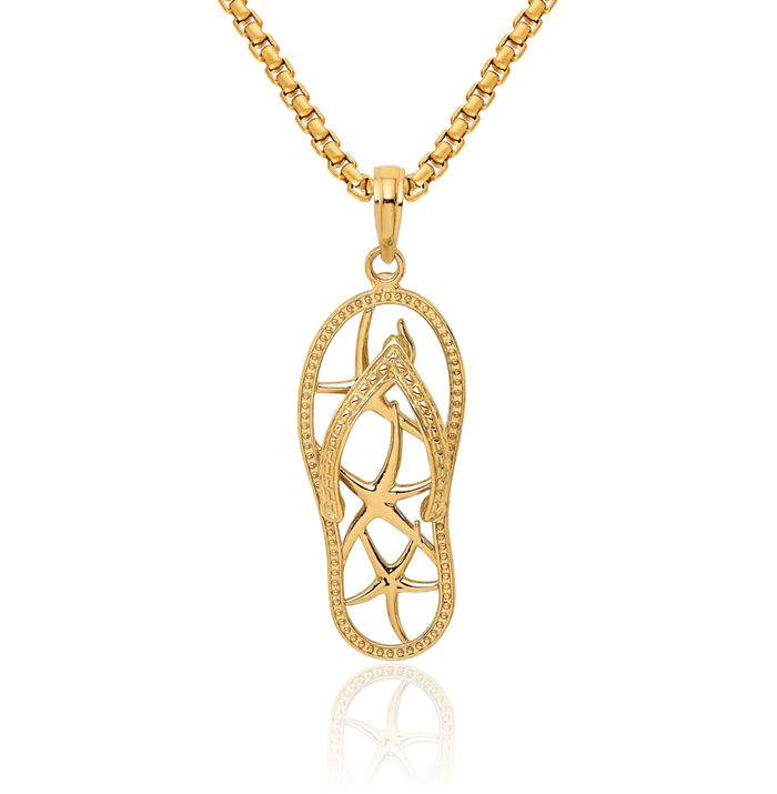 14K Solid Yellow Gold Multi Starfish Hawaiian Flip Flop Necklace Beach Sandals Pendant Ocean Vacation Charm