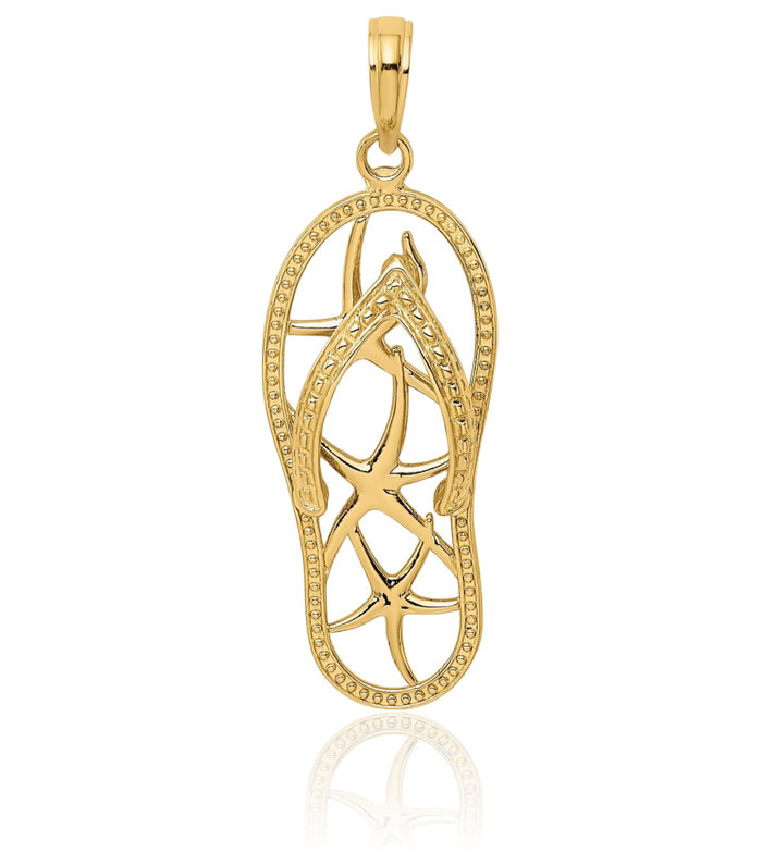 14K Solid Yellow Gold Multi Starfish Hawaiian Flip Flop Necklace Beach Sandals Pendant Ocean Vacation Charm