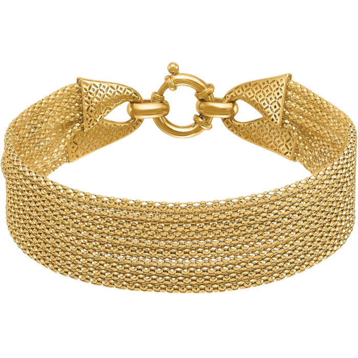 14K Solid Yellow Gold Multi Strand Popcorn Mesh Chain Bracelet