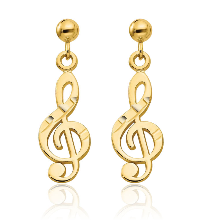 14K Solid Yellow Gold Treble Clef Music Note Drop Dangle Earrings