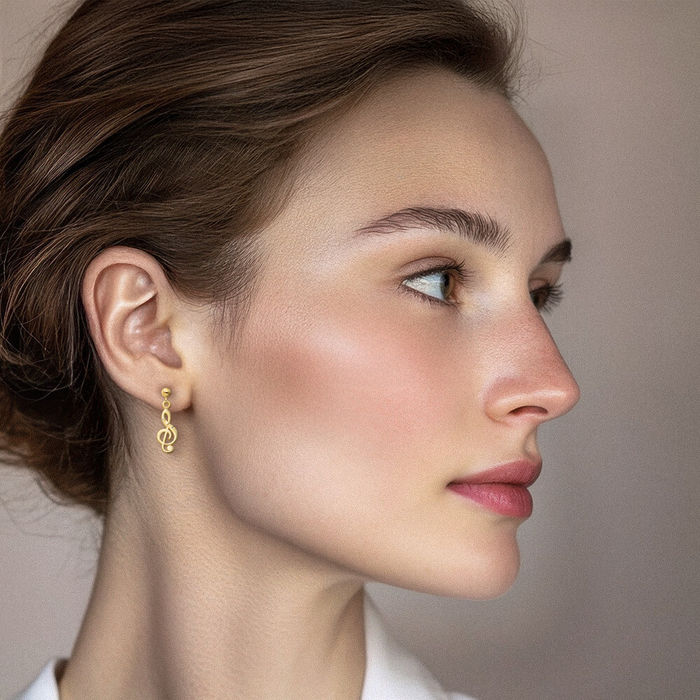 14K Solid Yellow Gold Treble Clef Music Note Drop Dangle Earrings