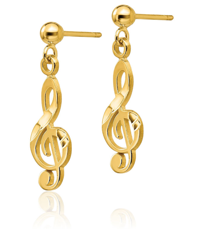 14K Solid Yellow Gold Treble Clef Music Note Drop Dangle Earrings