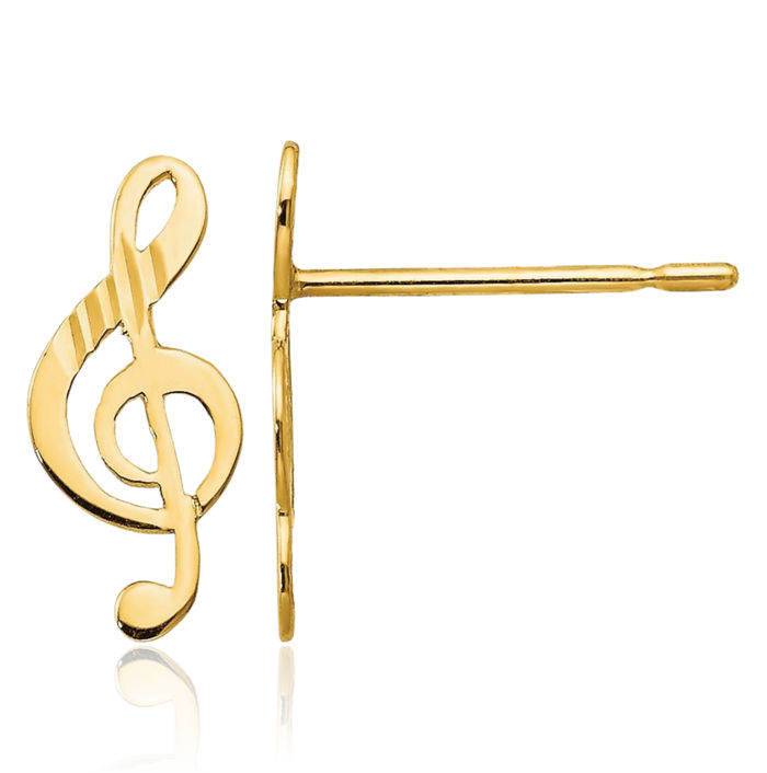 14K Solid Yellow Gold Treble Clef Music Note Stud Earrings