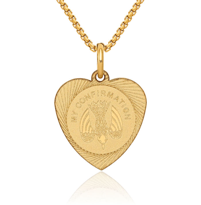 14K Solid Yellow Gold My Confirmation Heart Disc Necklace Chain Pendant Charm