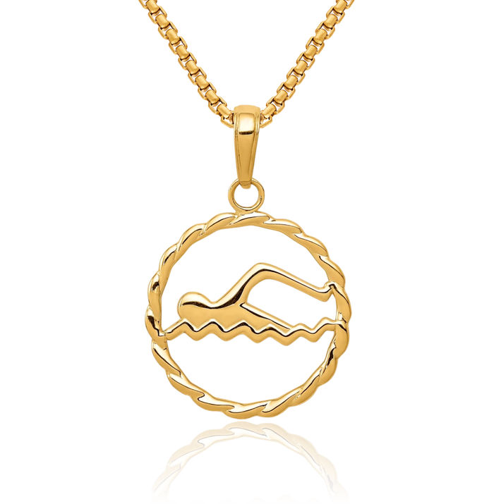 14K Solid Yellow Gold Necklace Swimming Water Charm Sports Pendant