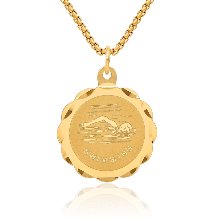 14K Solid Yellow Gold Disc Necklace Swimming Water Charm Sports Pendant