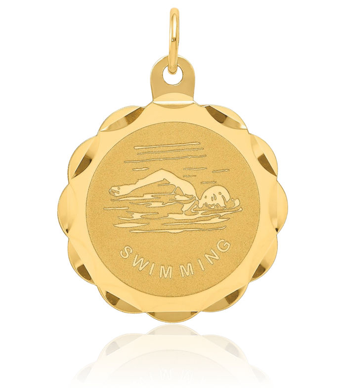 14K Solid Yellow Gold Disc Necklace Swimming Water Charm Sports Pendant